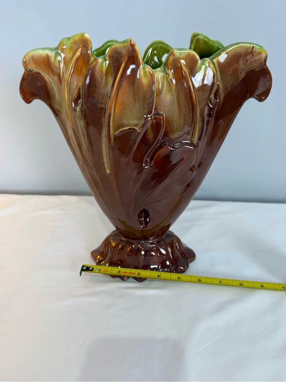 Royal Haeger R879 USA Flatsided Acanthus Vase  Brown Yellow green Vintage MCM